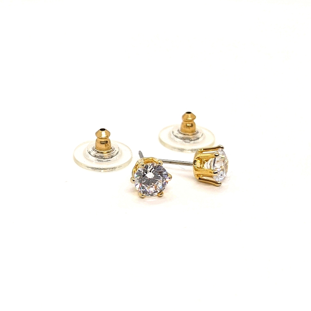 Classic 6 Prong Round 3A Cz Diamond Stud Earrings 14K Gold Overlay - Picture 4 of 5